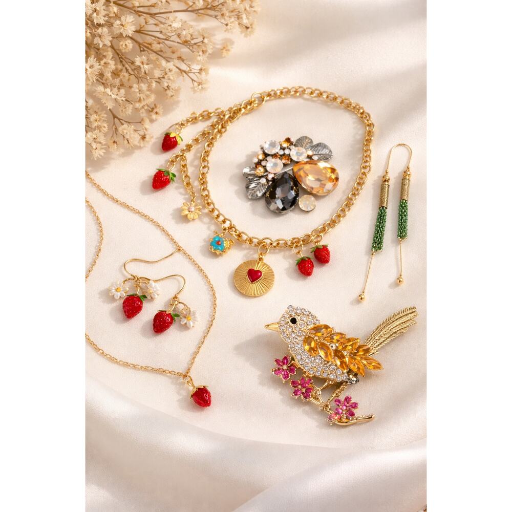 NEW Jewelry Bundle Gold Charm Necklace Strawberry Set‎ Brooch Earrings Gift Lot
